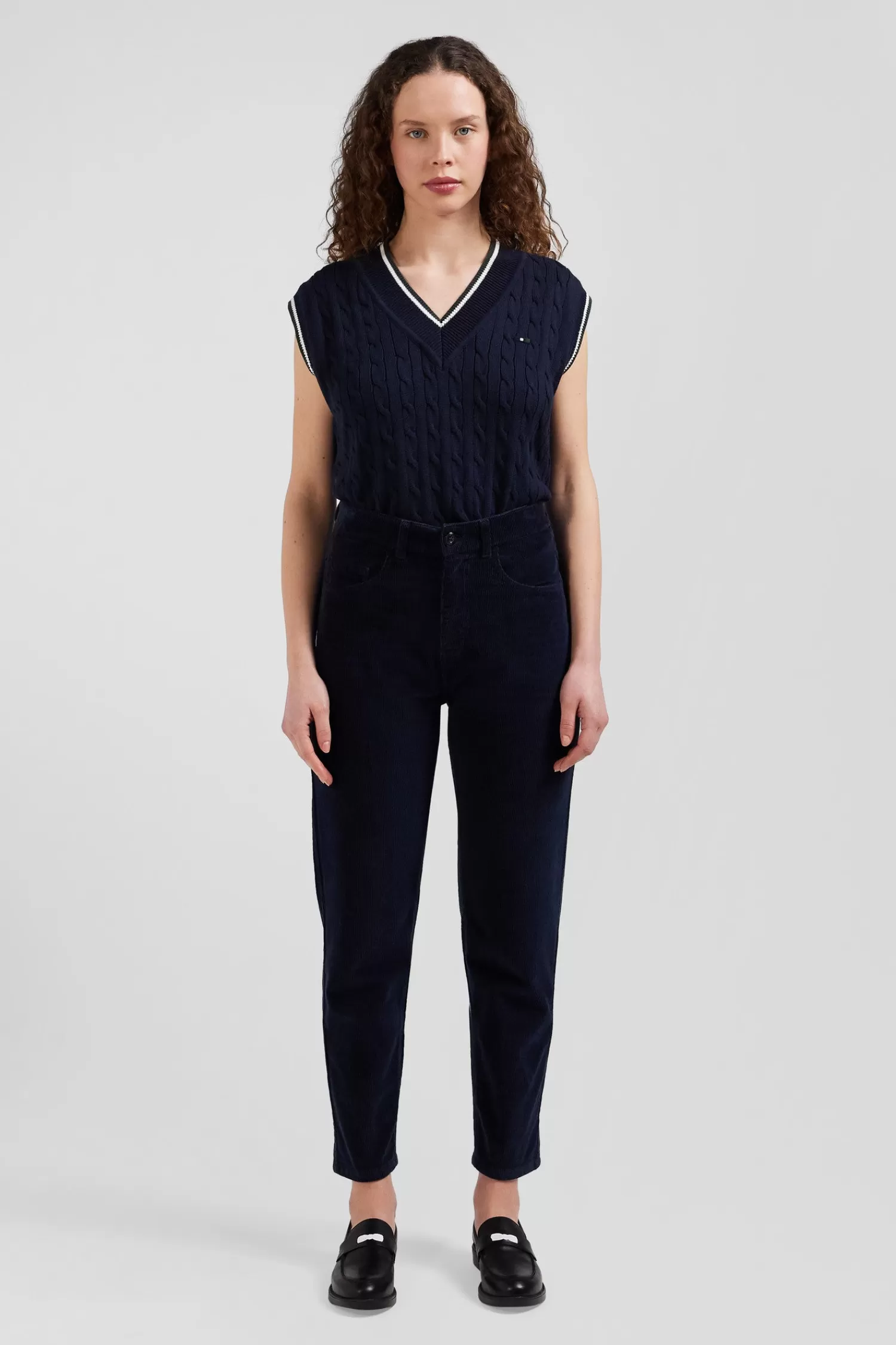 Eden Park Relax navy cable-knit cotton V-neck sleeveless jumper<Women Sweaters