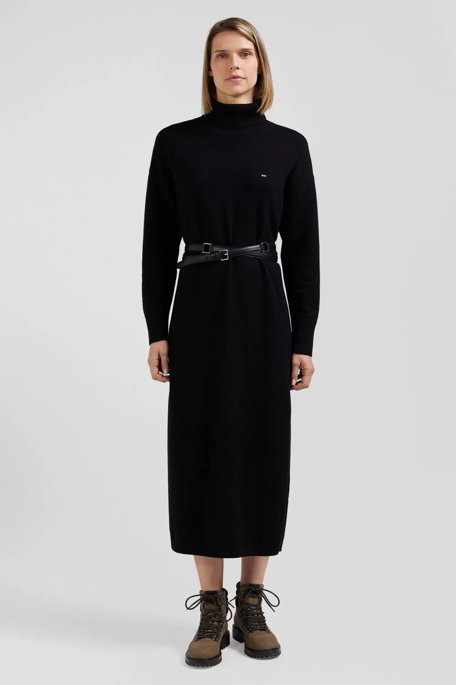 Eden Park Relaxed black wool and cotton turtleneck dress<Women Dresses And Skirts