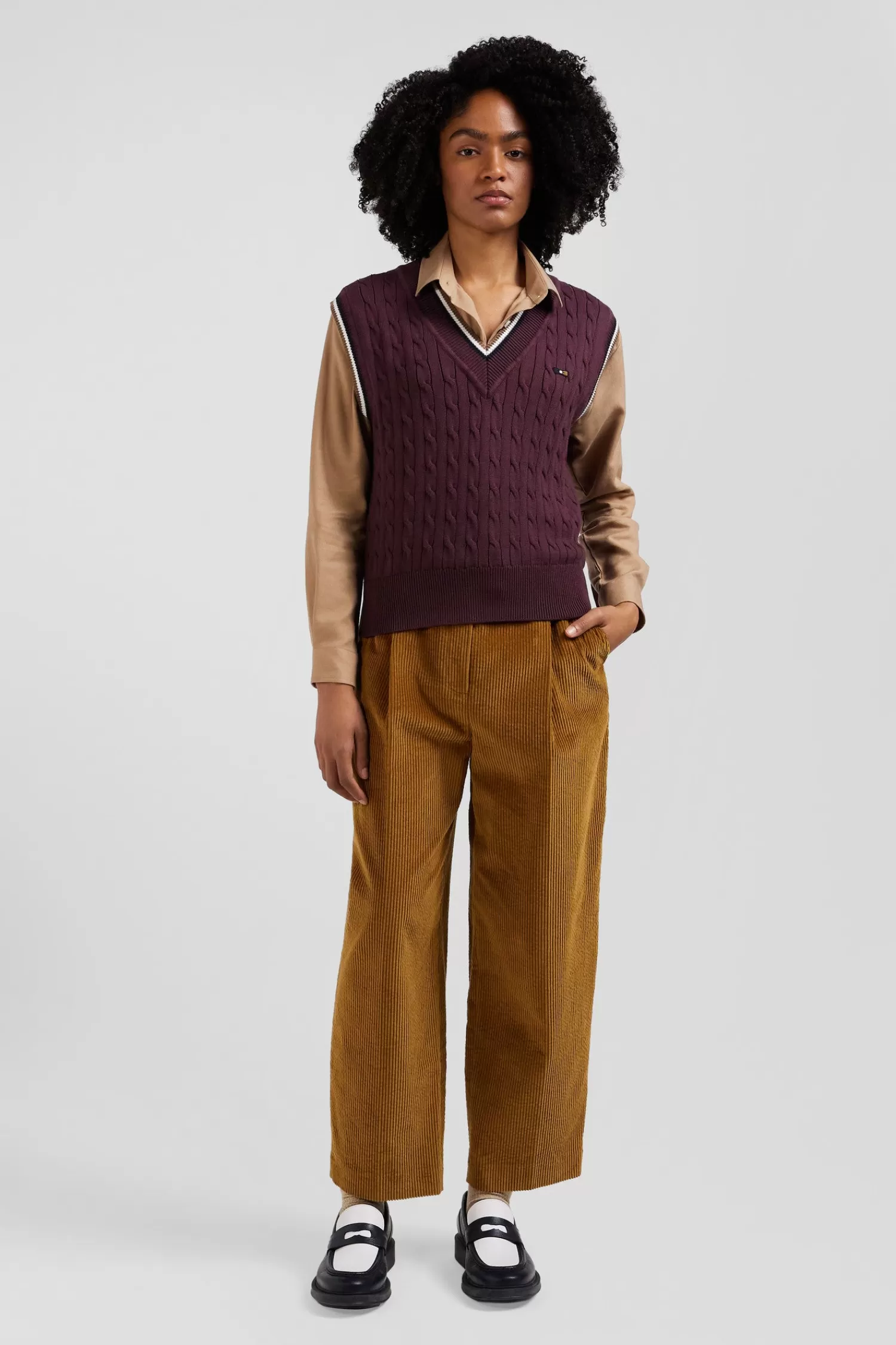 Eden Park Relaxed burgundy cable-knit cotton V-neck sleeveless jumper<Women Sweaters