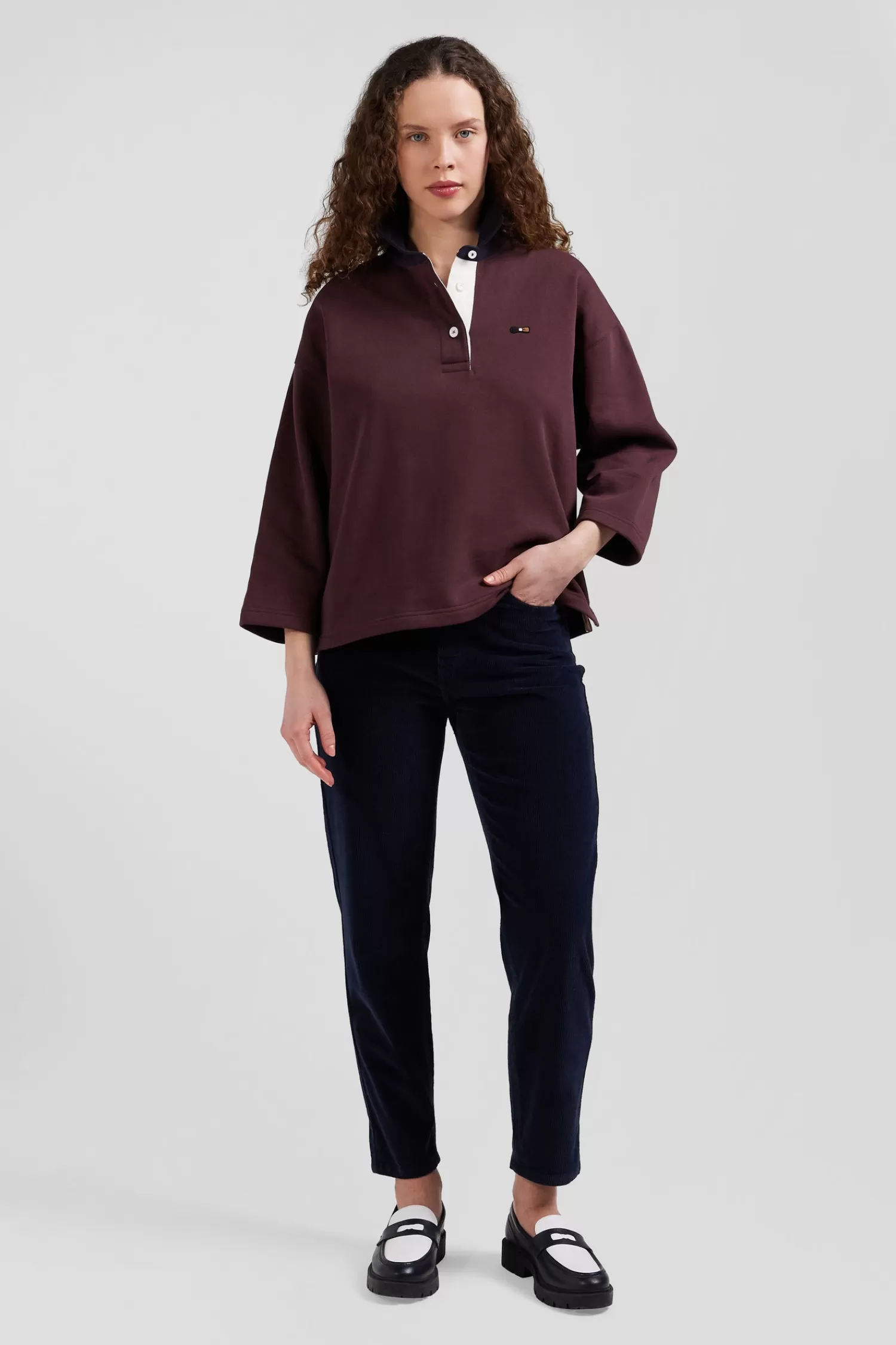 Eden Park Relaxed burgundy cotton sweatshirt with rugby shirt collar<Women Sweatshirts
