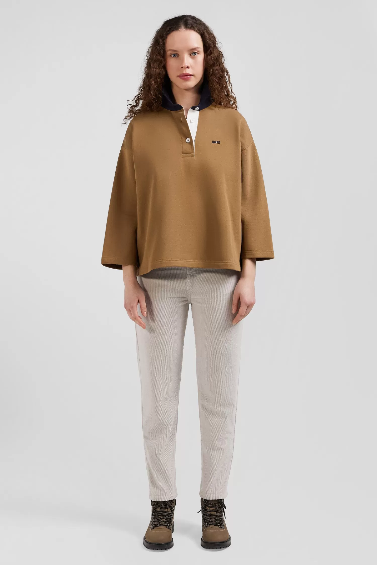 Eden Park Relaxed camel cotton sweatshirt with rugby shirt collar<Women Sweatshirts