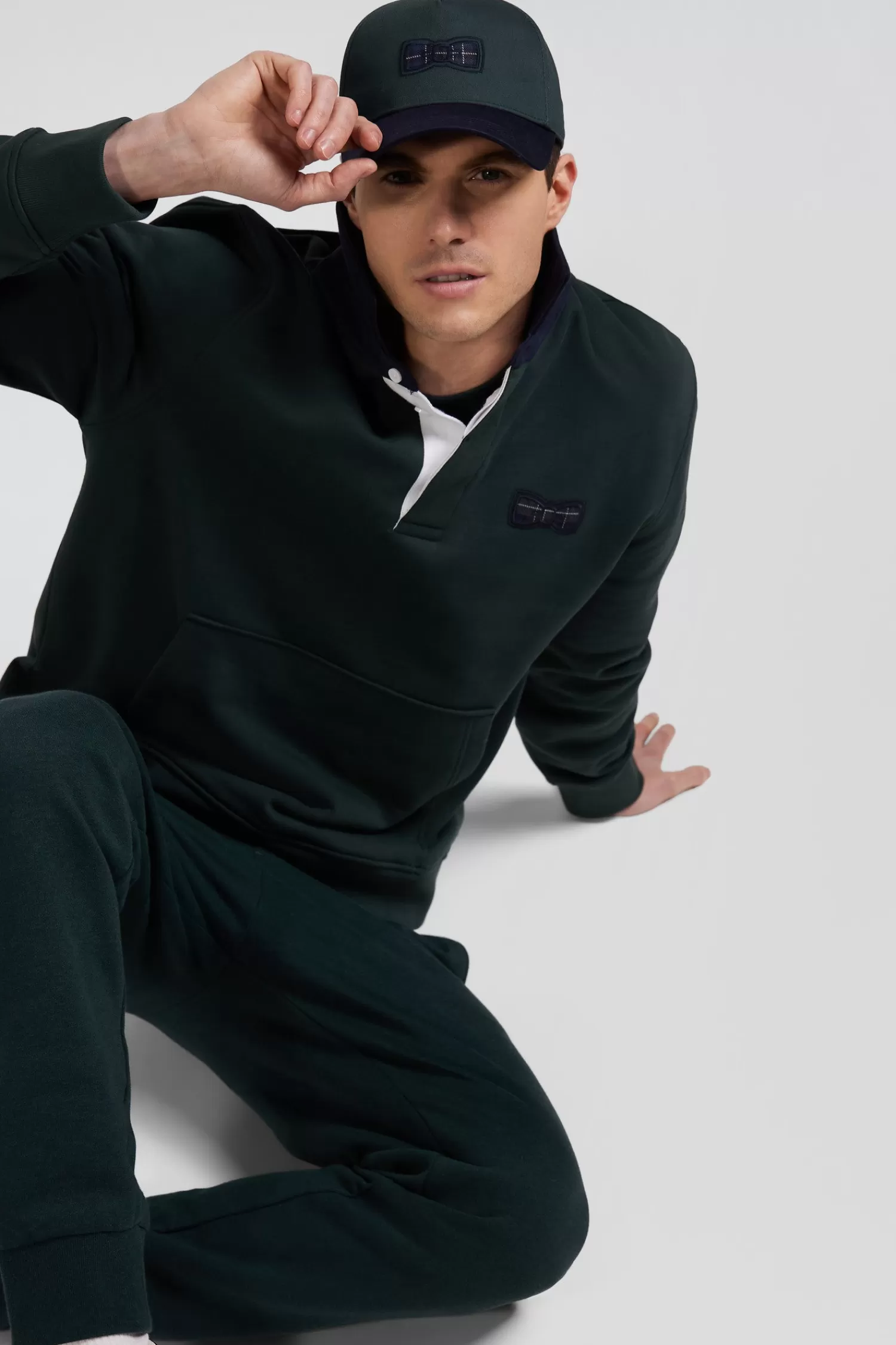 Eden Park Relaxed green cotton blend sweatshirt with checked patchwork and rugby shirt collar< Sweatshirts