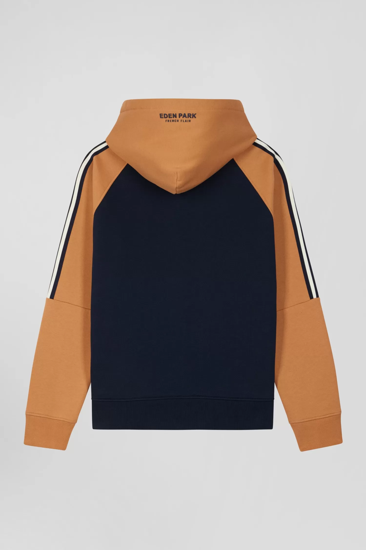 relaxed_navy_blue_and_camel_fleece_hoodie_with_branded_drawstrings_3.webp Eden Park Relaxed navy blue and camel fleece hoodie with branded drawstrings< Sweatshirts