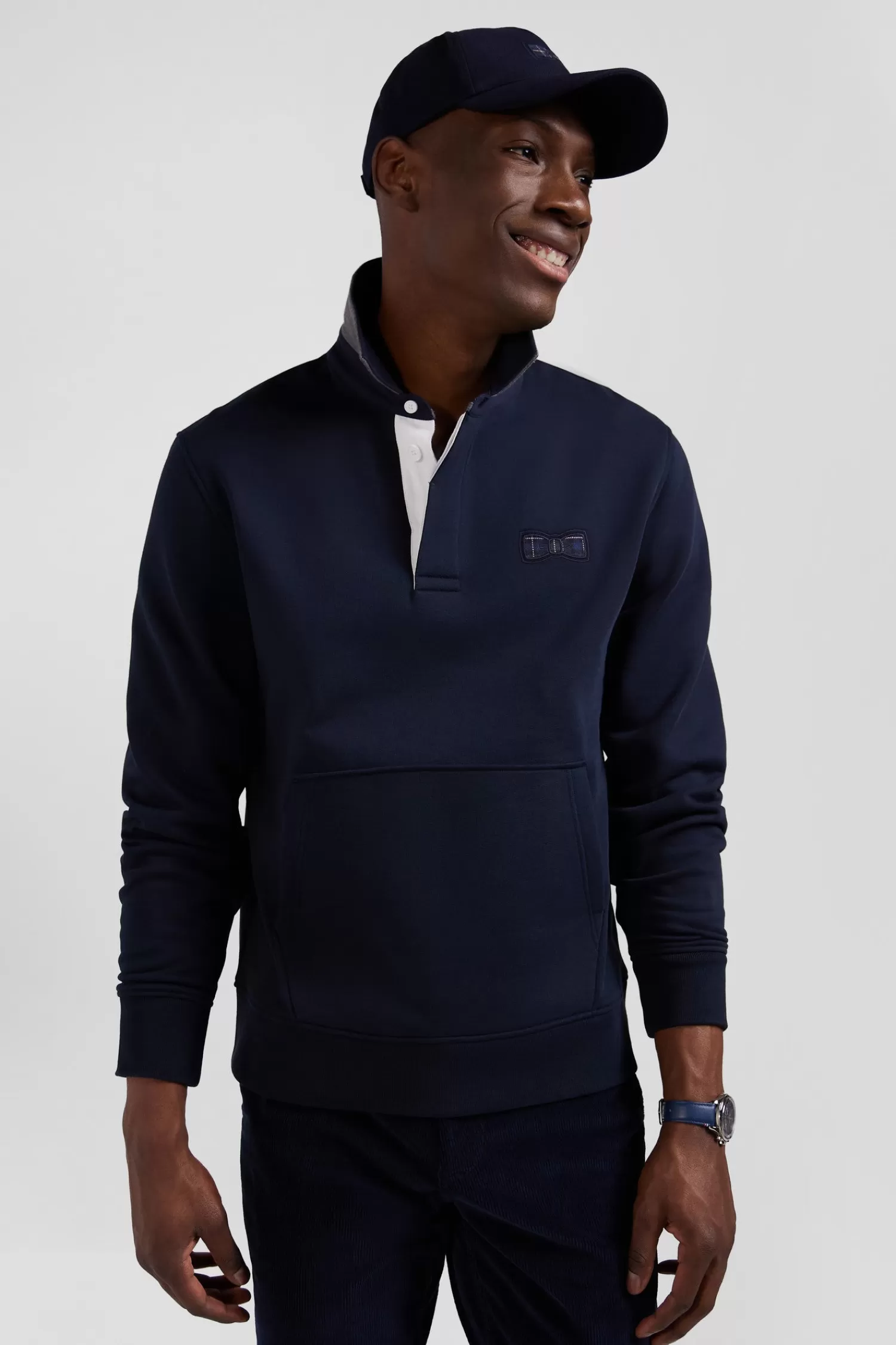 Eden Park Relaxed navy blue cotton blend sweatshirt with checked patchwork and rugby shirt collar< Sweatshirts