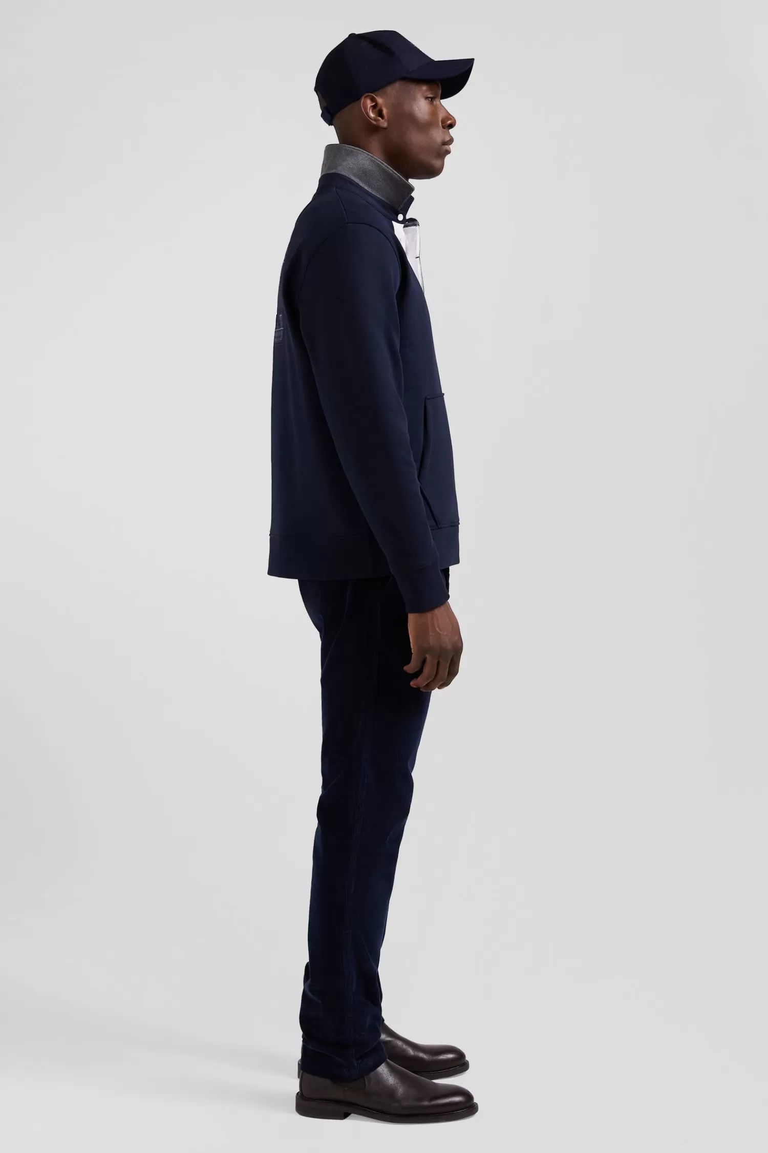 Eden Park Relaxed navy blue cotton blend sweatshirt with checked patchwork and rugby shirt collar< Sweatshirts