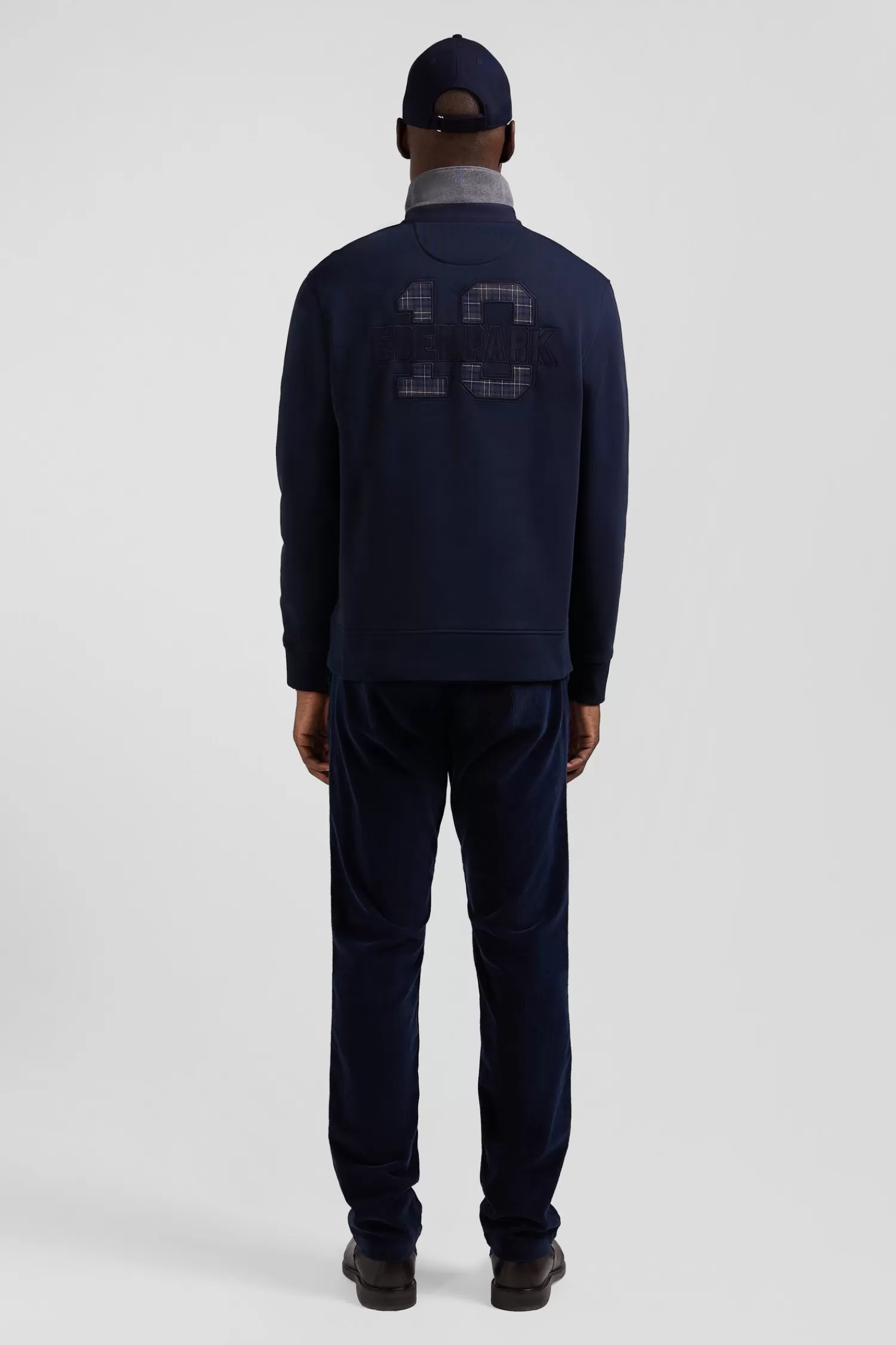 Eden Park Relaxed navy blue cotton blend sweatshirt with checked patchwork and rugby shirt collar< Sweatshirts