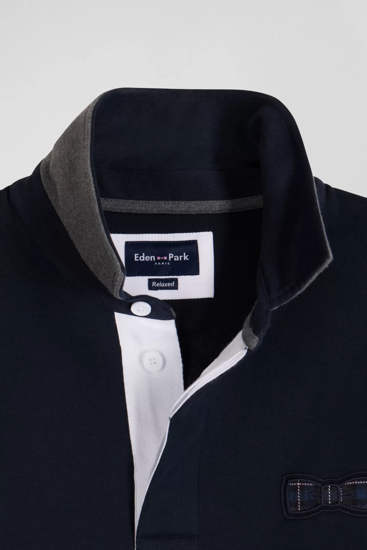 Eden Park Relaxed navy blue cotton blend sweatshirt with checked patchwork and rugby shirt collar< Sweatshirts