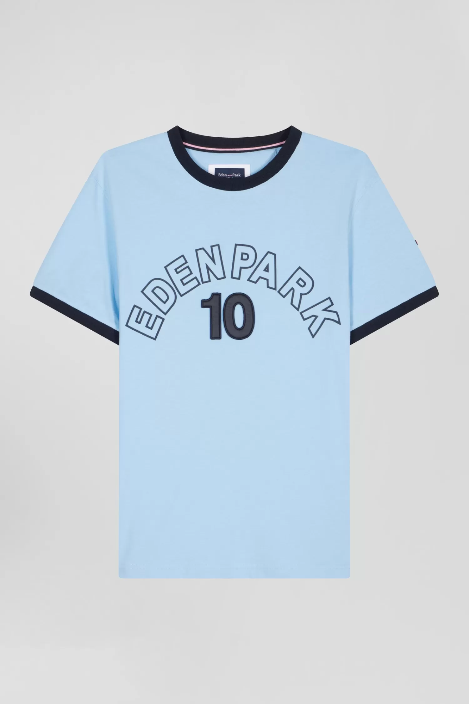 Eden Park Relaxed sky blue bicolor short-sleeved cotton T-shirt with 10 print< T-shirts