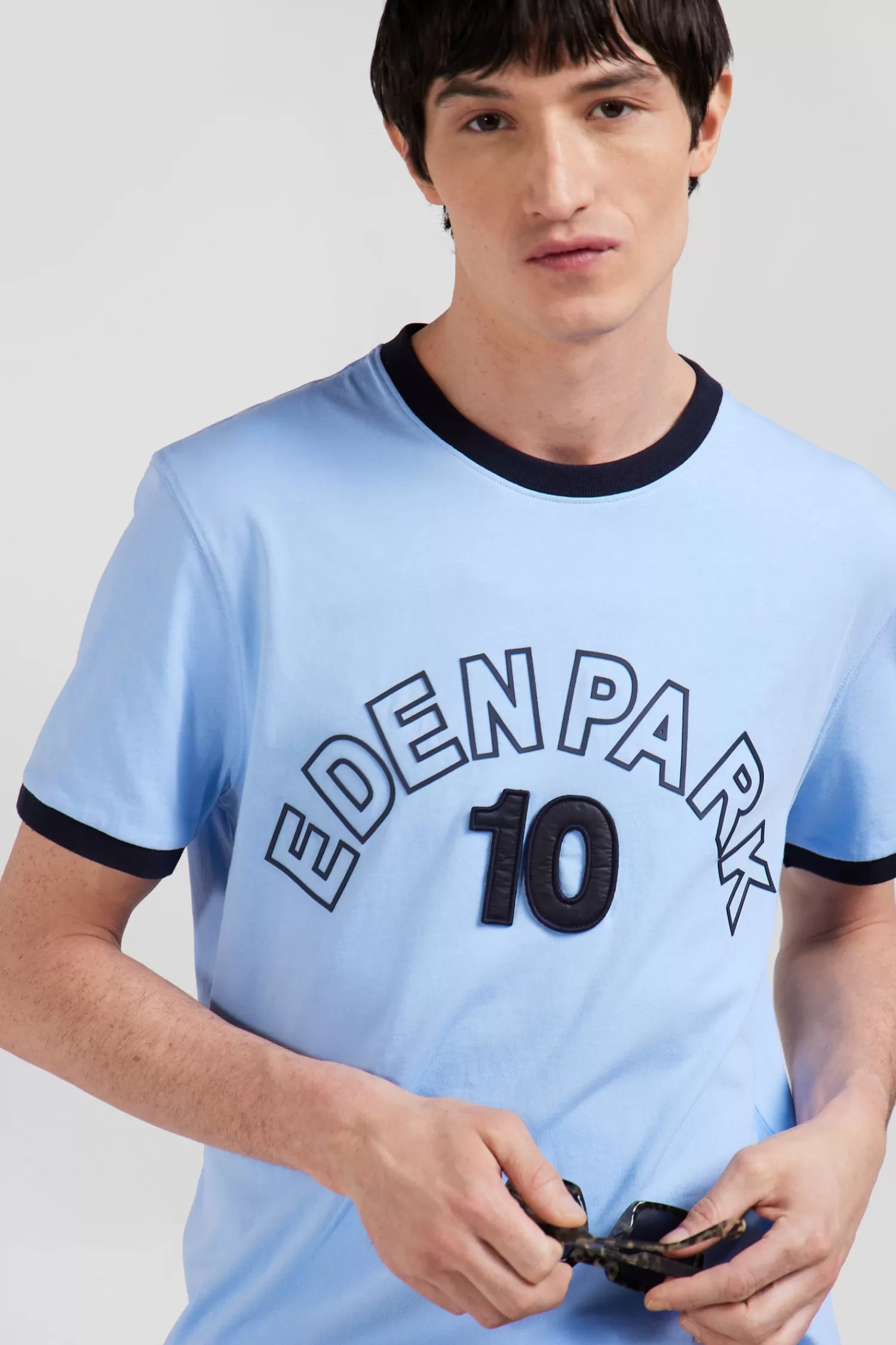 Eden Park Relaxed sky blue bicolor short-sleeved cotton T-shirt with 10 print< T-shirts