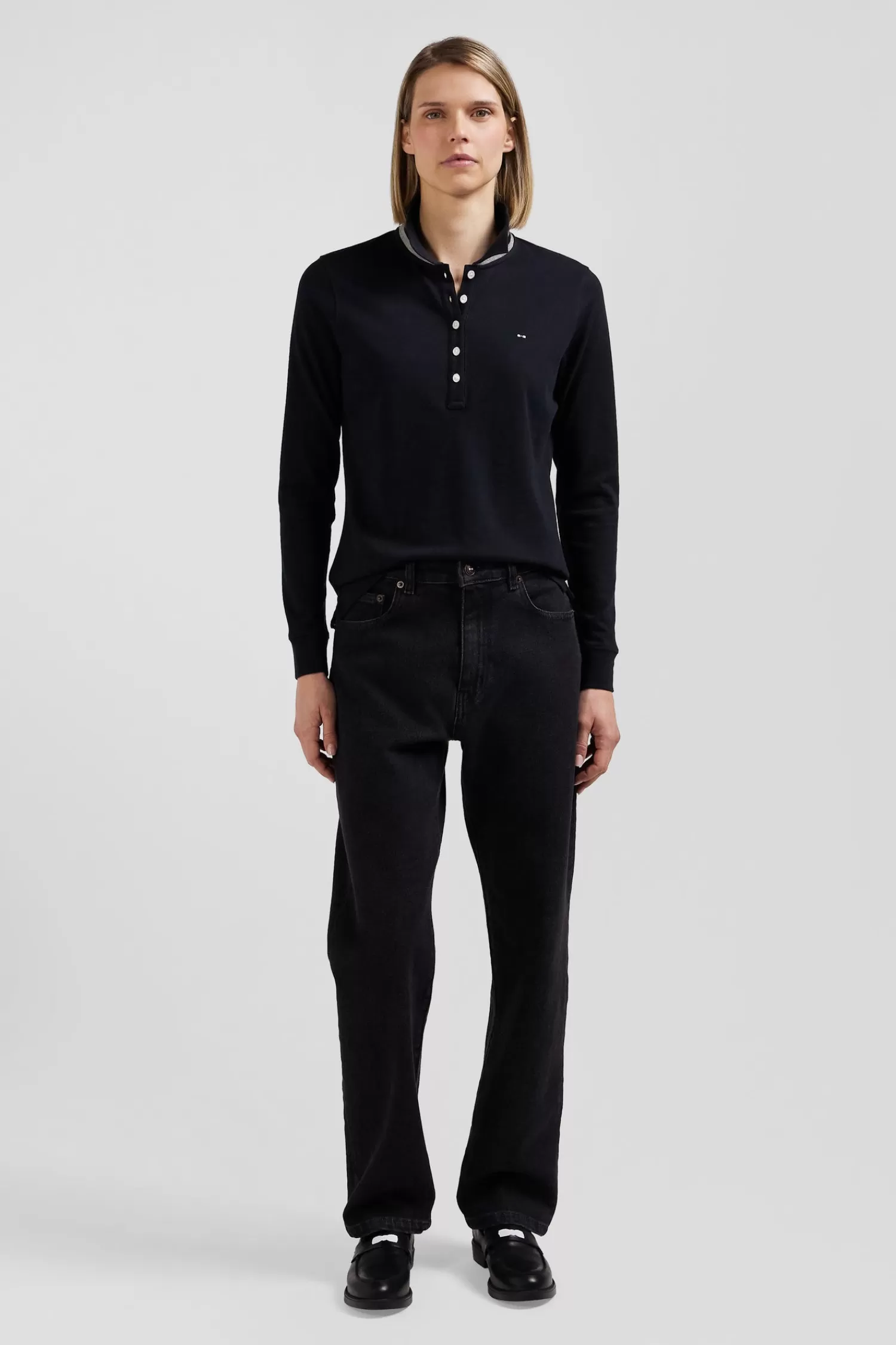 Eden Park Slim black long-sleeved stretch cotton polo shirt with striped collar<Women Polos | Polos