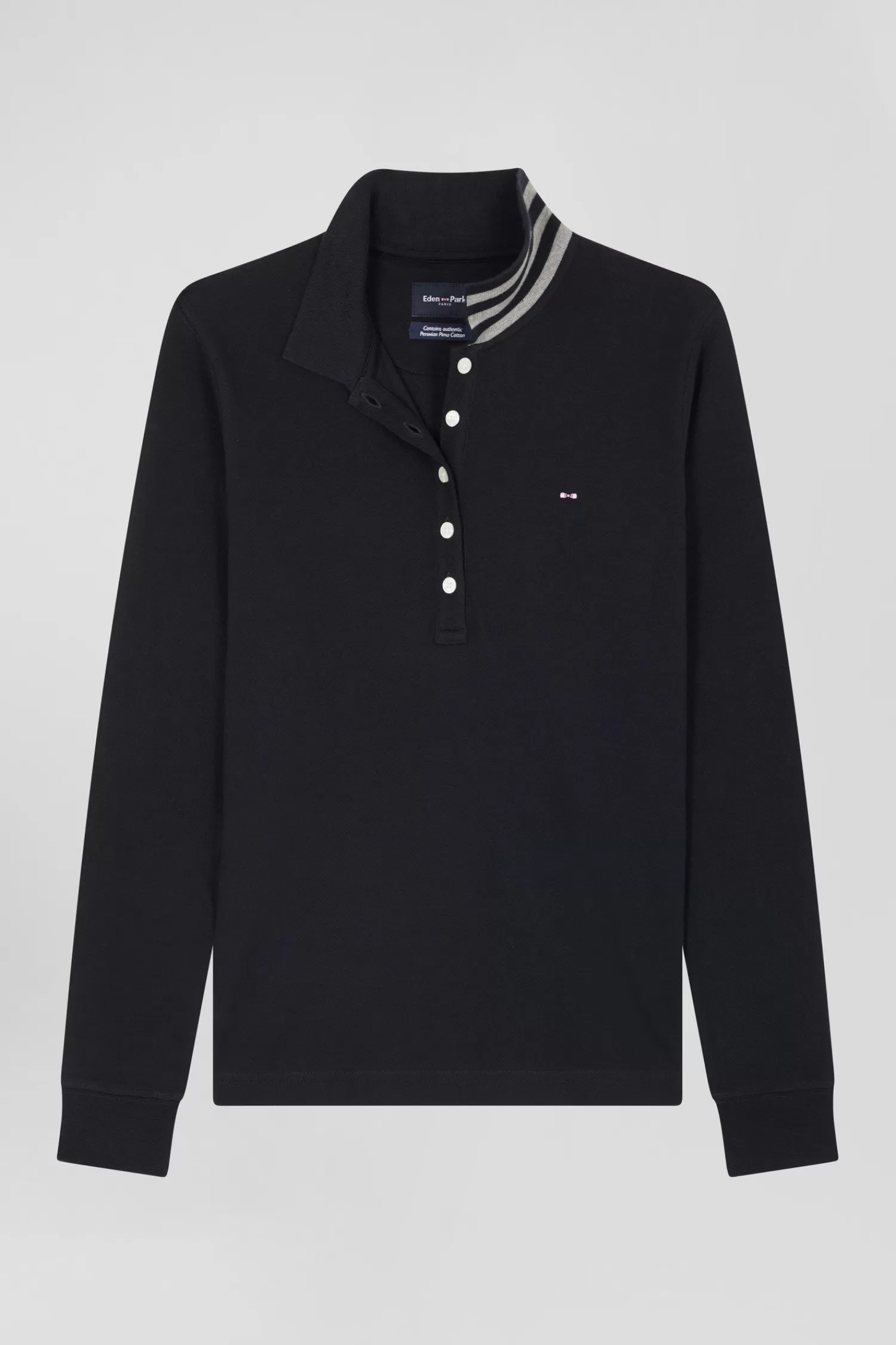 Eden Park Slim black long-sleeved stretch cotton polo shirt with striped collar<Women Polos | Polos