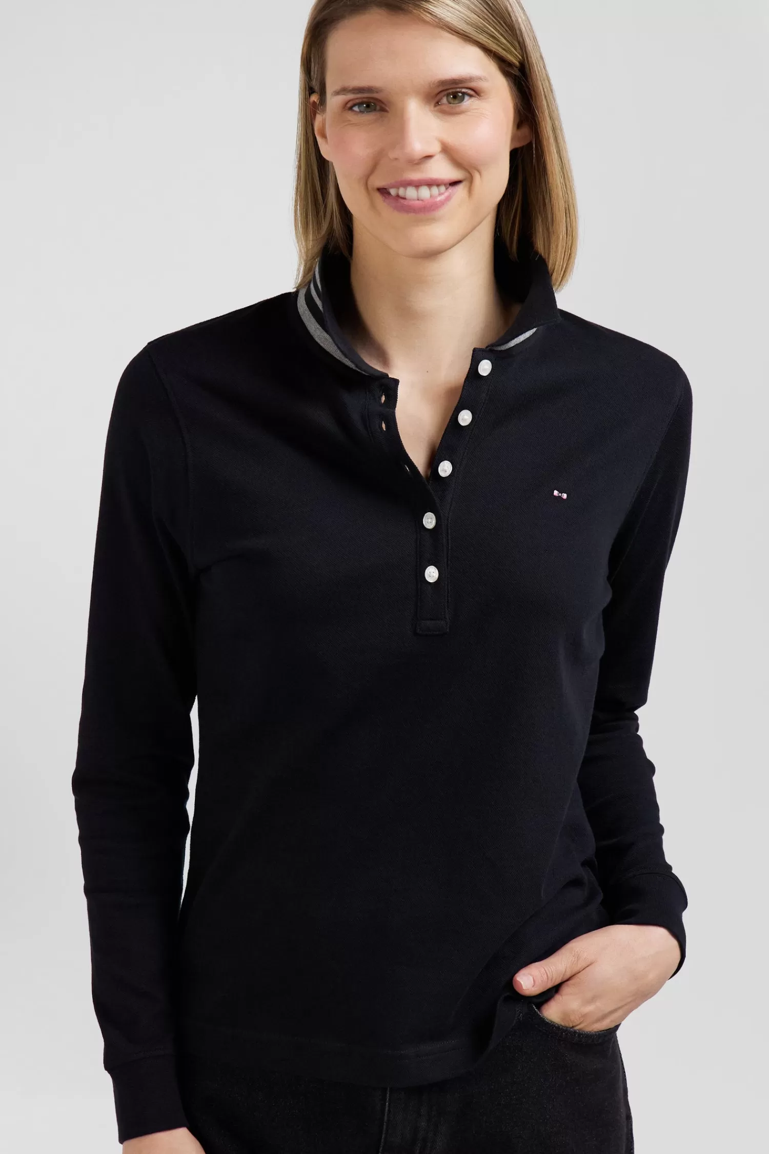 slim_black_longsleeved_stretch_cotton_polo_shirt_with_striped_collar_2.webp Eden Park Slim black long-sleeved stretch cotton polo shirt with striped collar<Women Polos | Polos