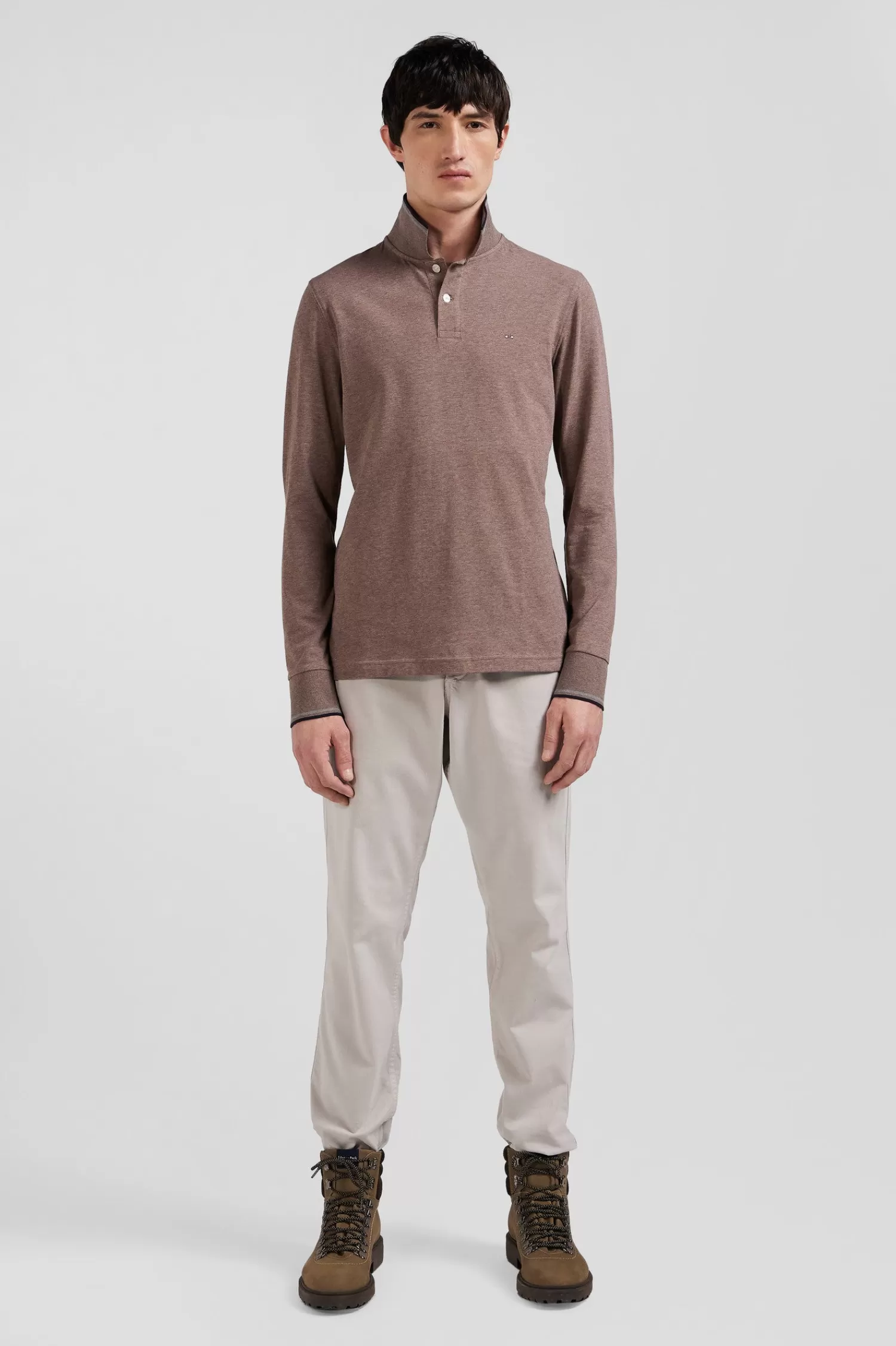 Eden Park Slim brown long-sleeved stretch cotton polo shirt with striped finishes< Polos