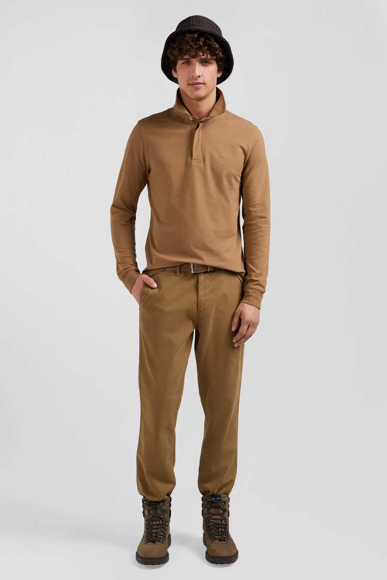 Eden Park Slim camel long-sleeved cotton piqué polo shirt< Polos