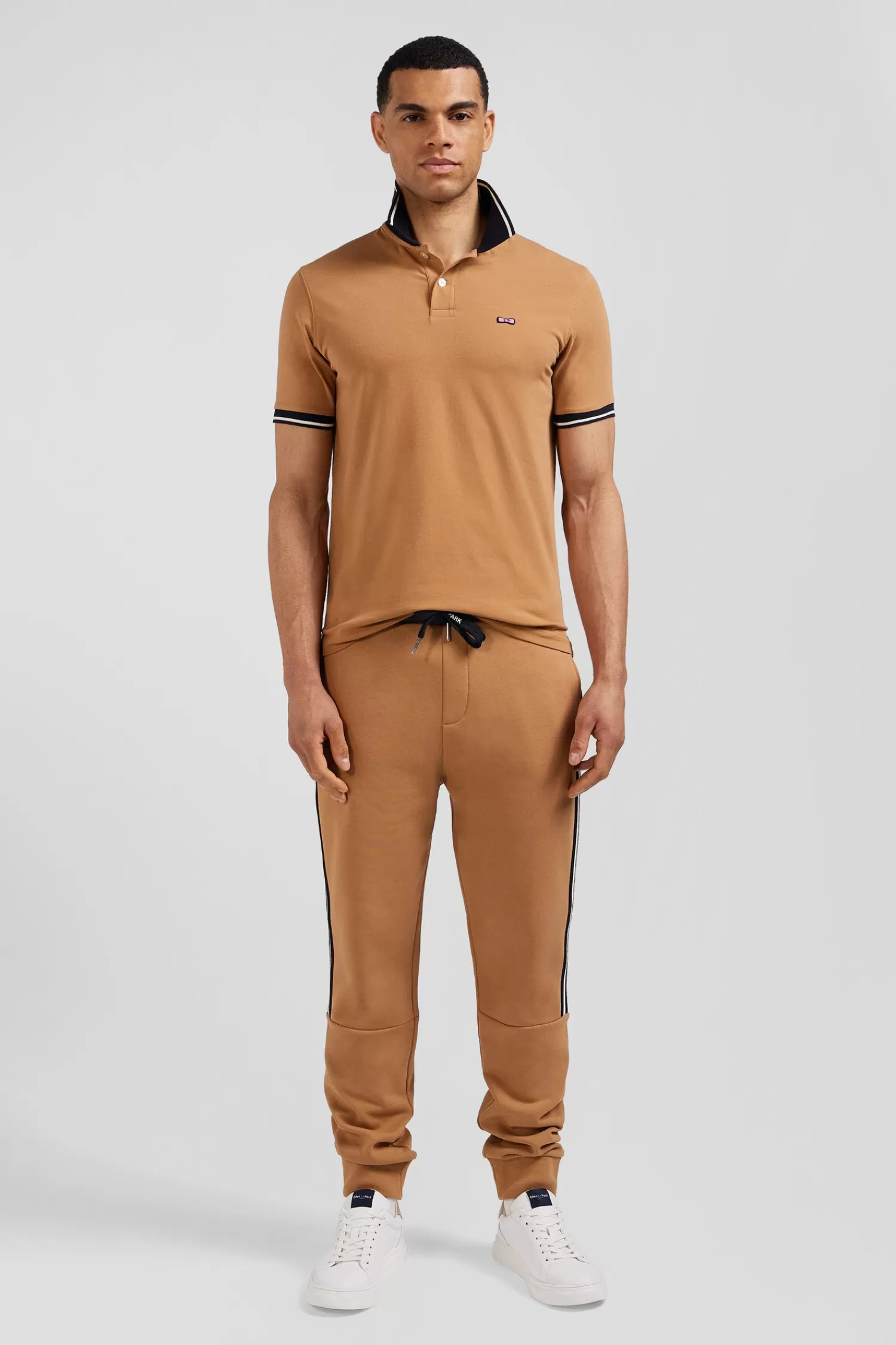 Eden Park Slim camel short-sleeved stretch cotton polo shirt with jacquard collar< Polos