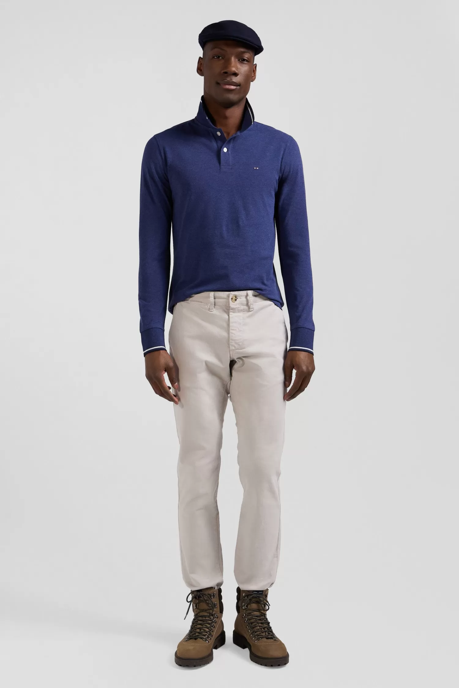 Eden Park Slim dark blue long-sleeved stretch cotton polo shirt with striped finishes< Polos