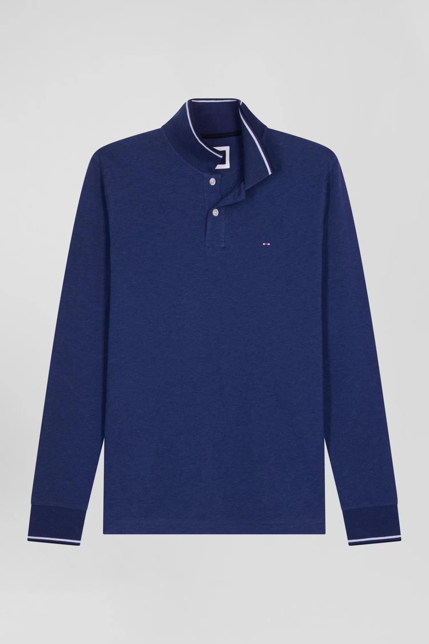 Eden Park Slim dark blue long-sleeved stretch cotton polo shirt with striped finishes< Polos