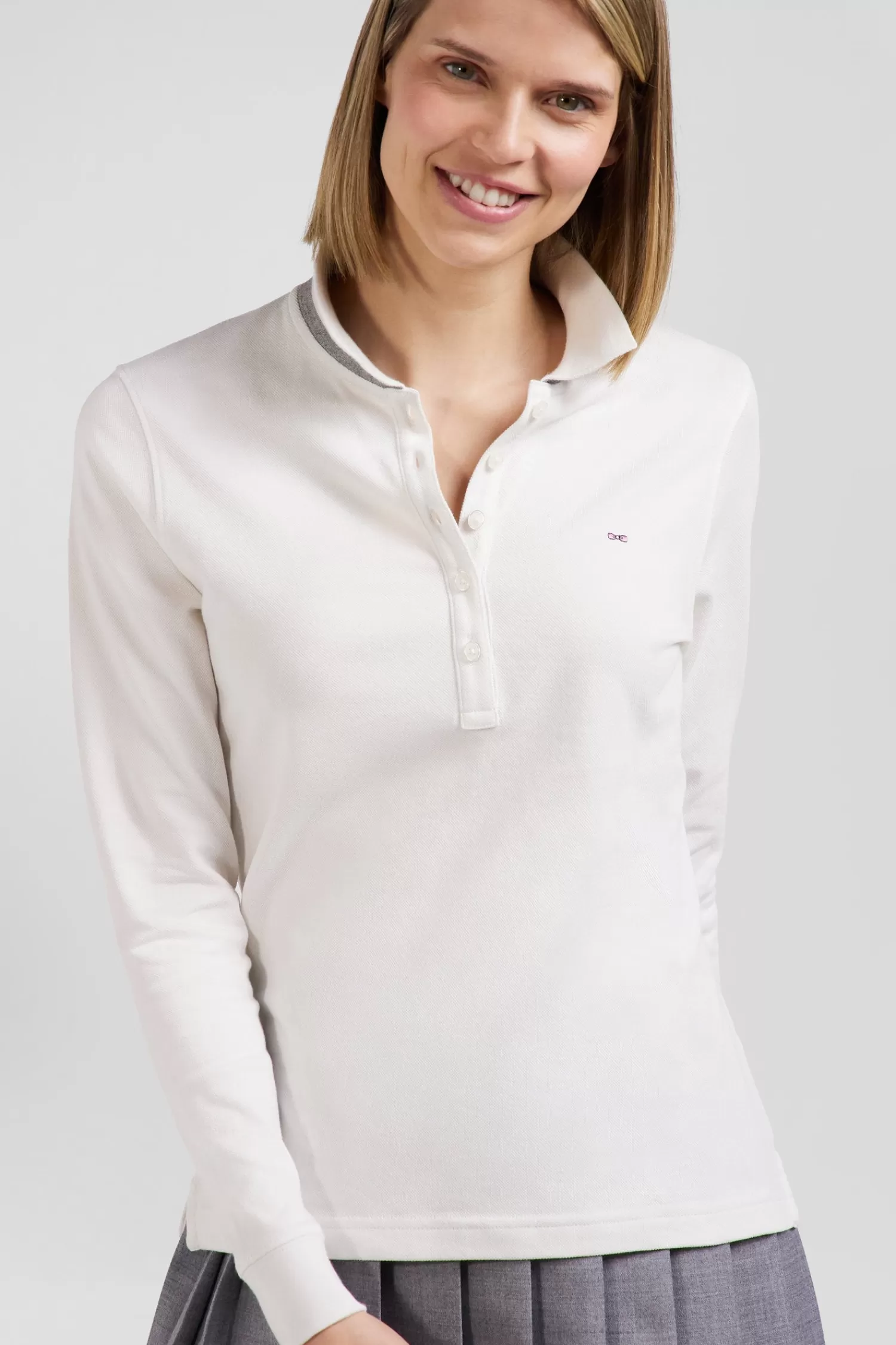 Eden Park Slim ecru long-sleeved stretch cotton polo shirt with striped collar<Women Polos | Polos