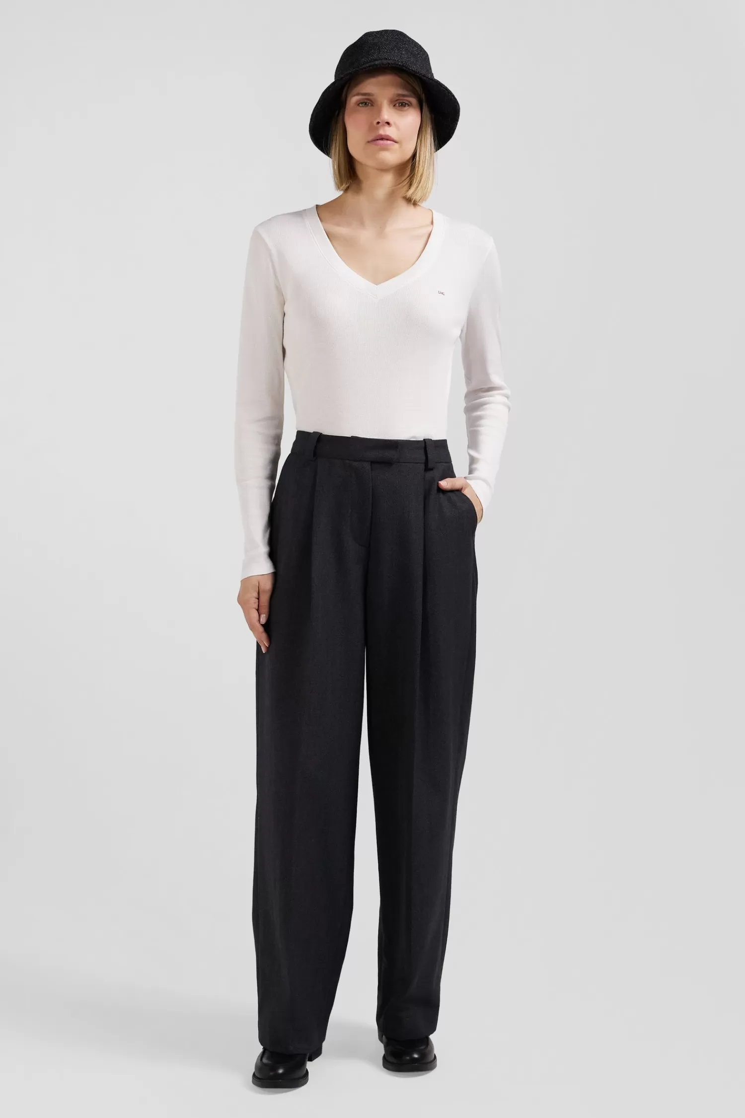 Eden Park Slim ecru long-sleeved V-neck cotton T-shirt<Women T-shirts