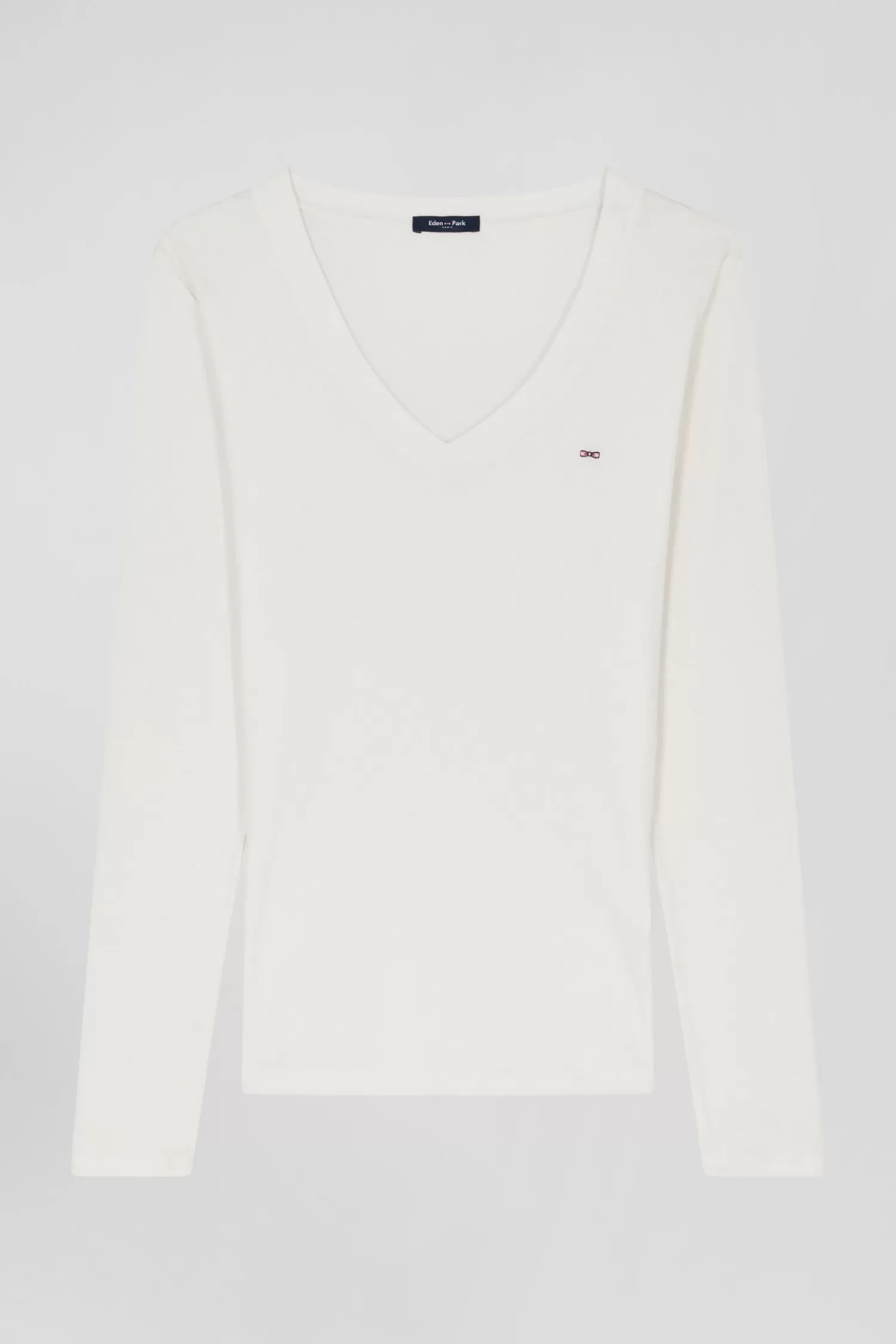 Eden Park Slim ecru long-sleeved V-neck cotton T-shirt<Women T-shirts
