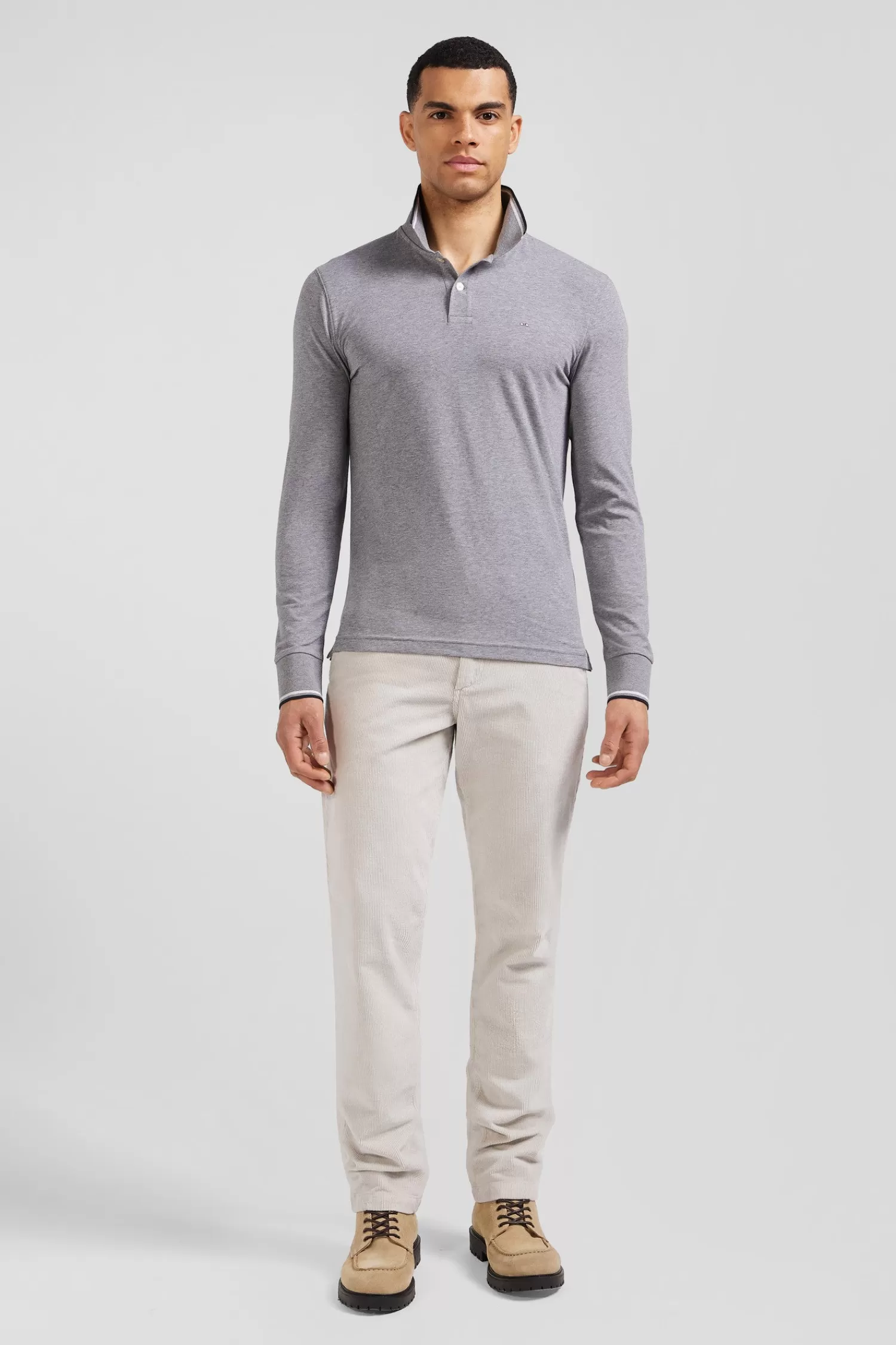 Eden Park Slim grey long-sleeved stretch cotton polo shirt with striped finishes< Polos
