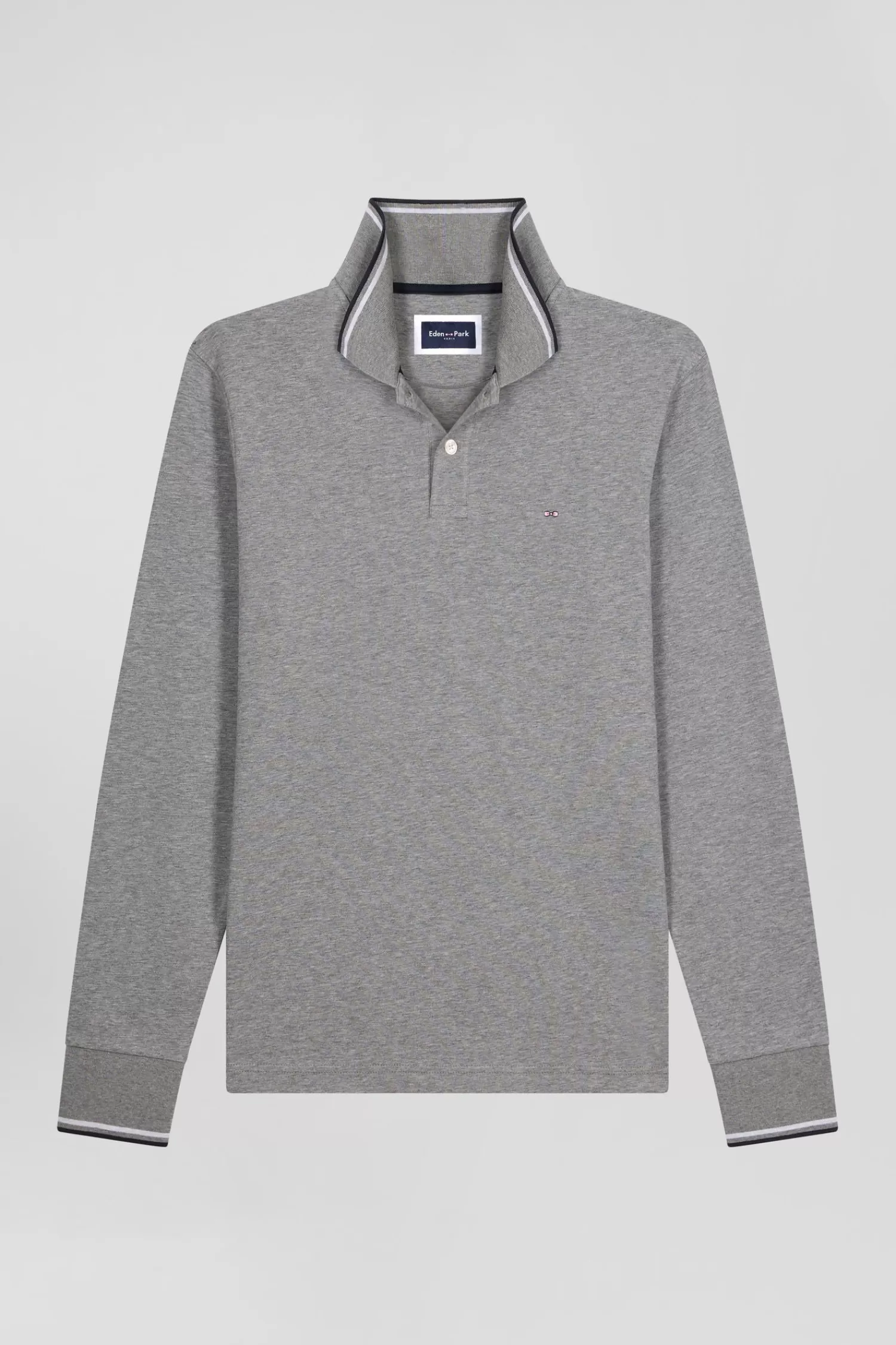 Eden Park Slim grey long-sleeved stretch cotton polo shirt with striped finishes< Polos