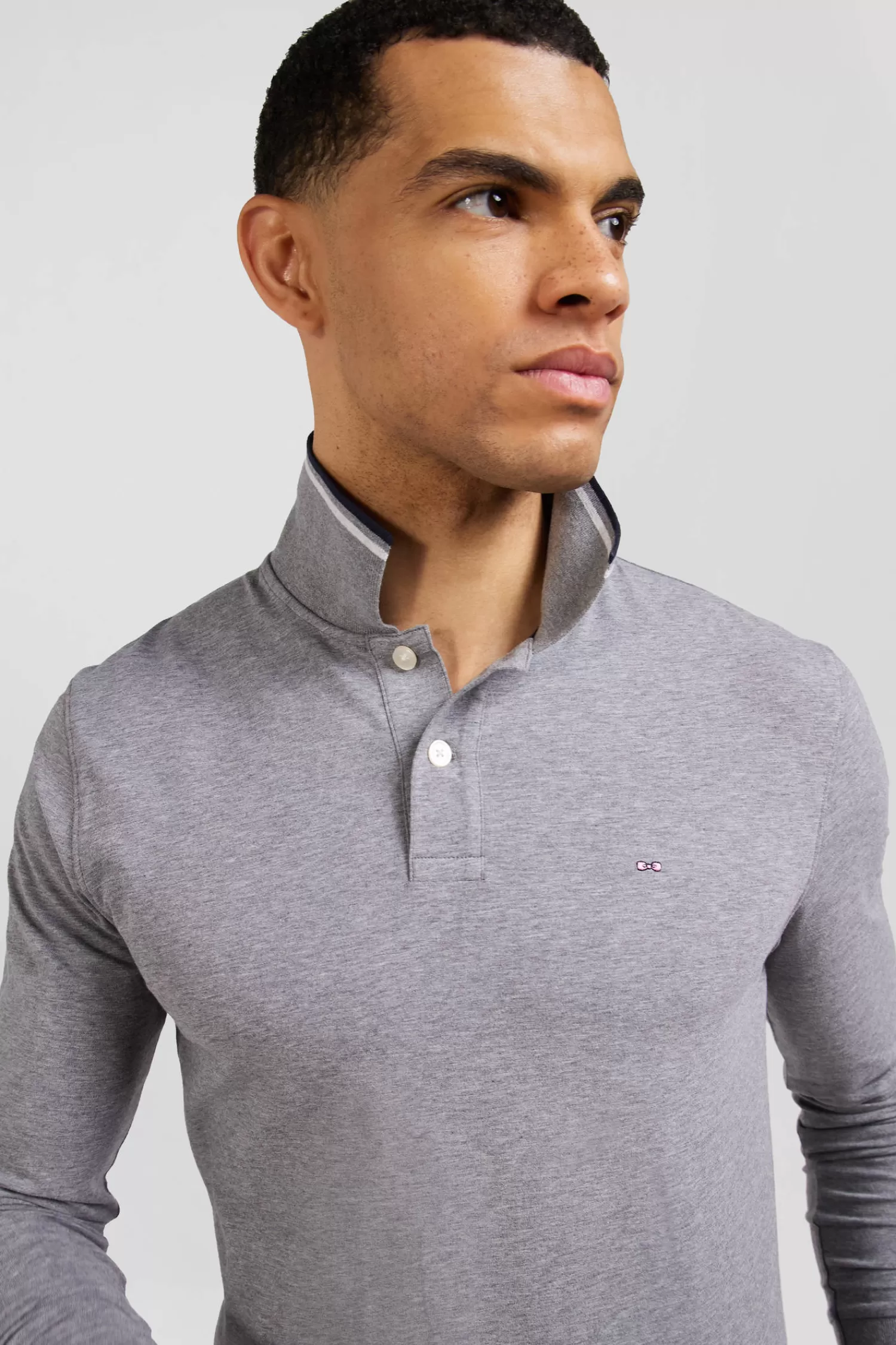 Eden Park Slim grey long-sleeved stretch cotton polo shirt with striped finishes< Polos