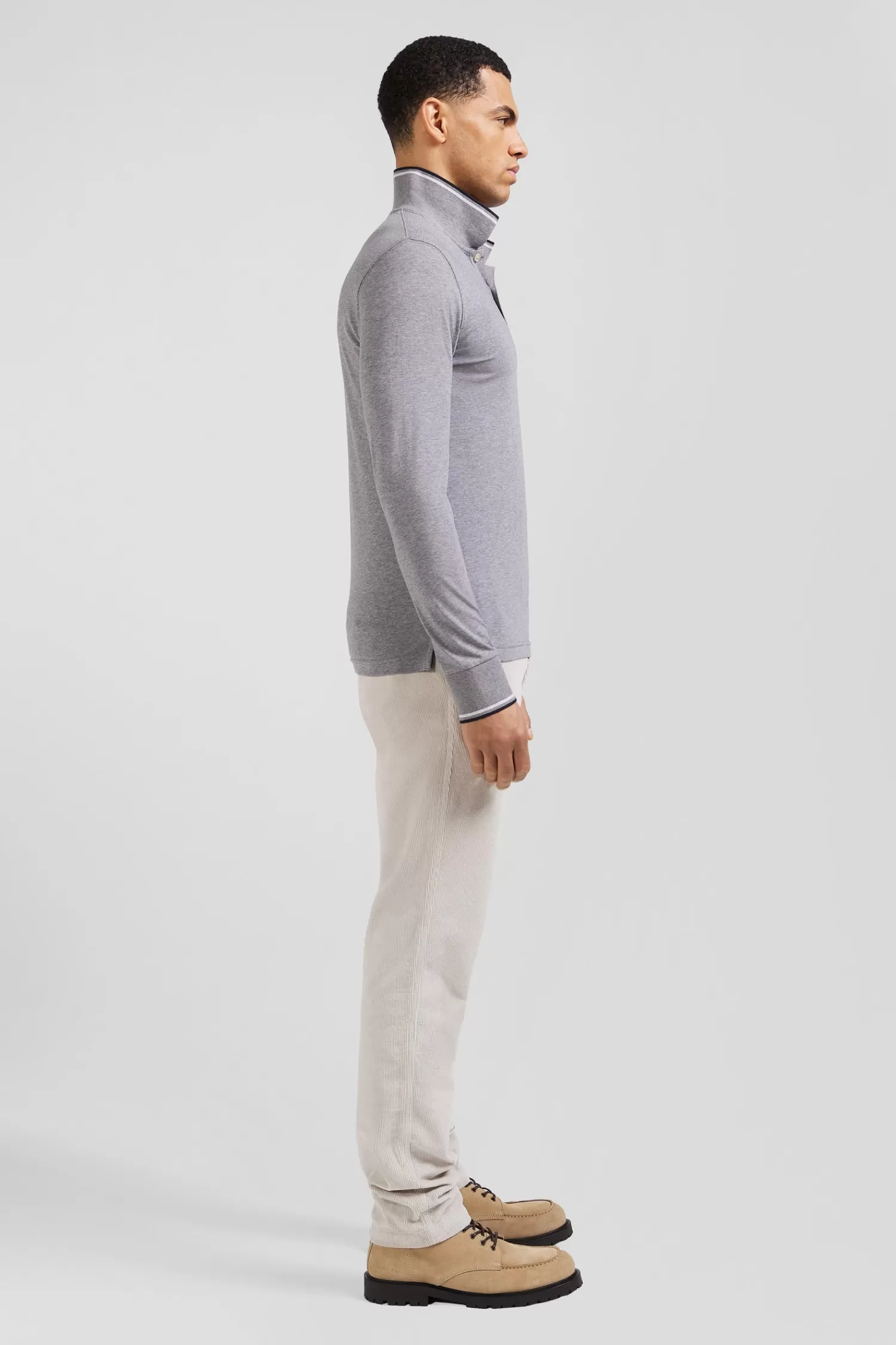 Eden Park Slim grey long-sleeved stretch cotton polo shirt with striped finishes< Polos