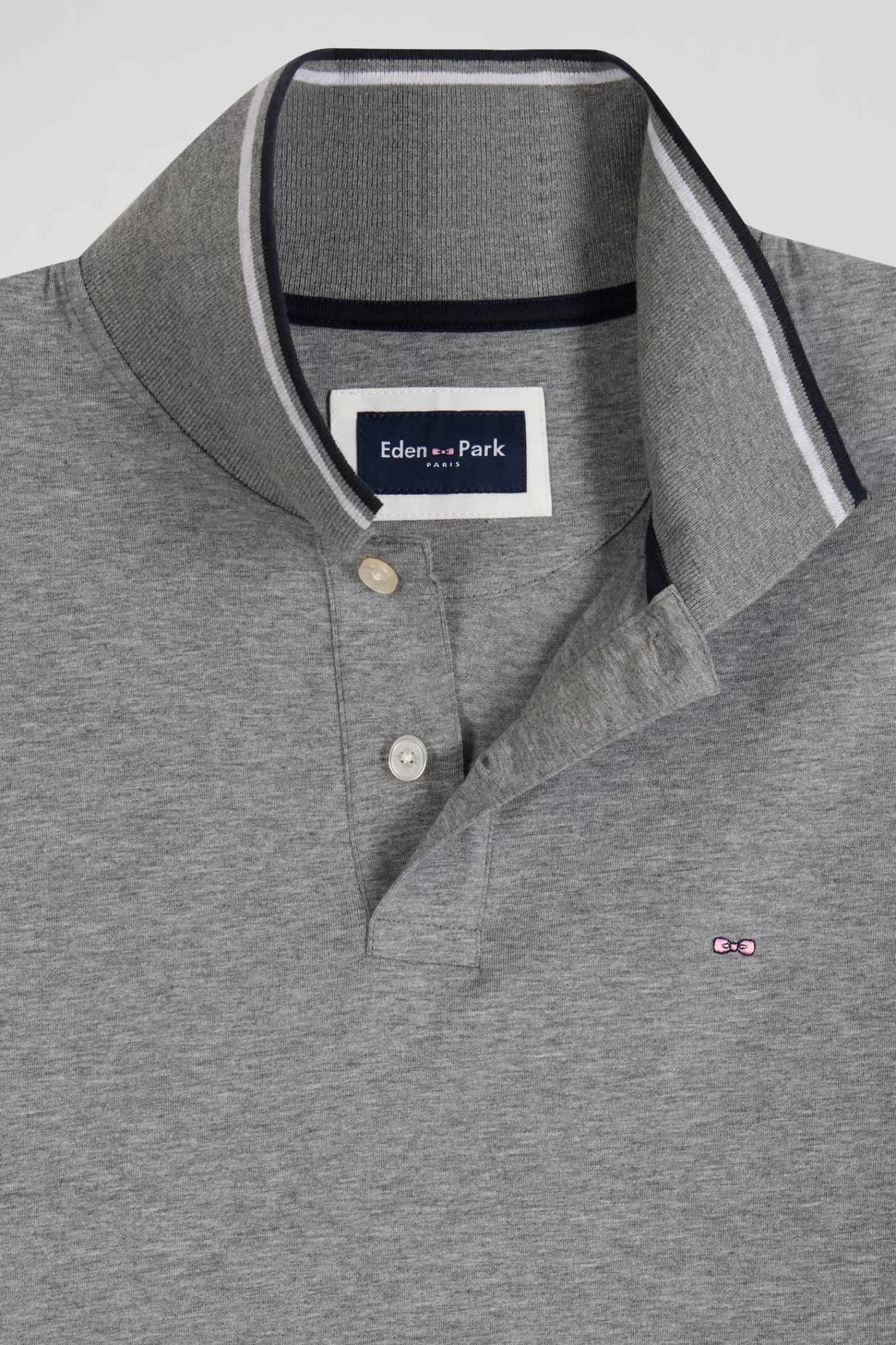 Eden Park Slim grey long-sleeved stretch cotton polo shirt with striped finishes< Polos