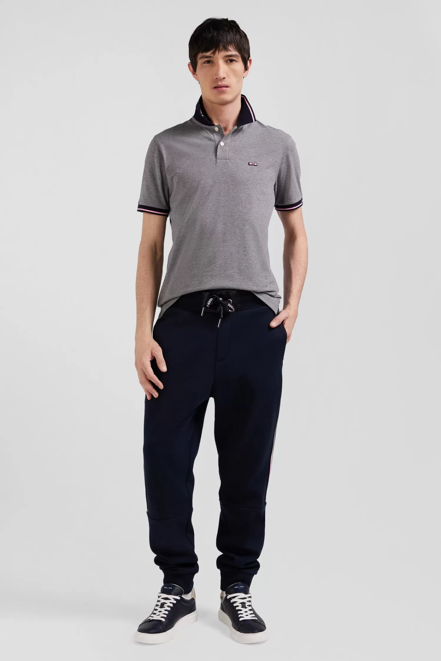 Eden Park Slim grey short-sleeved stretch cotton polo shirt with jacquard collar< Polos