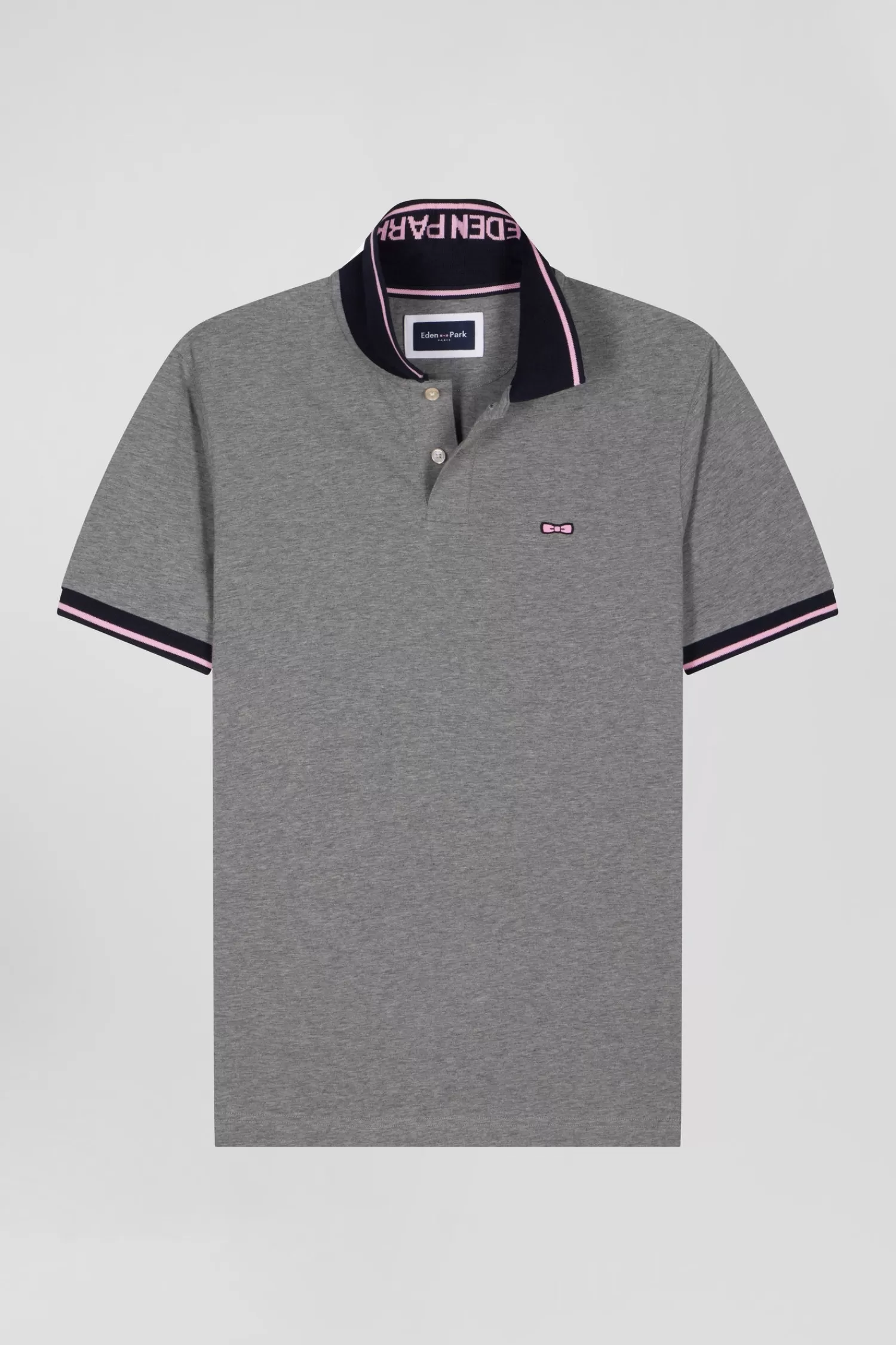 Eden Park Slim grey short-sleeved stretch cotton polo shirt with jacquard collar< Polos