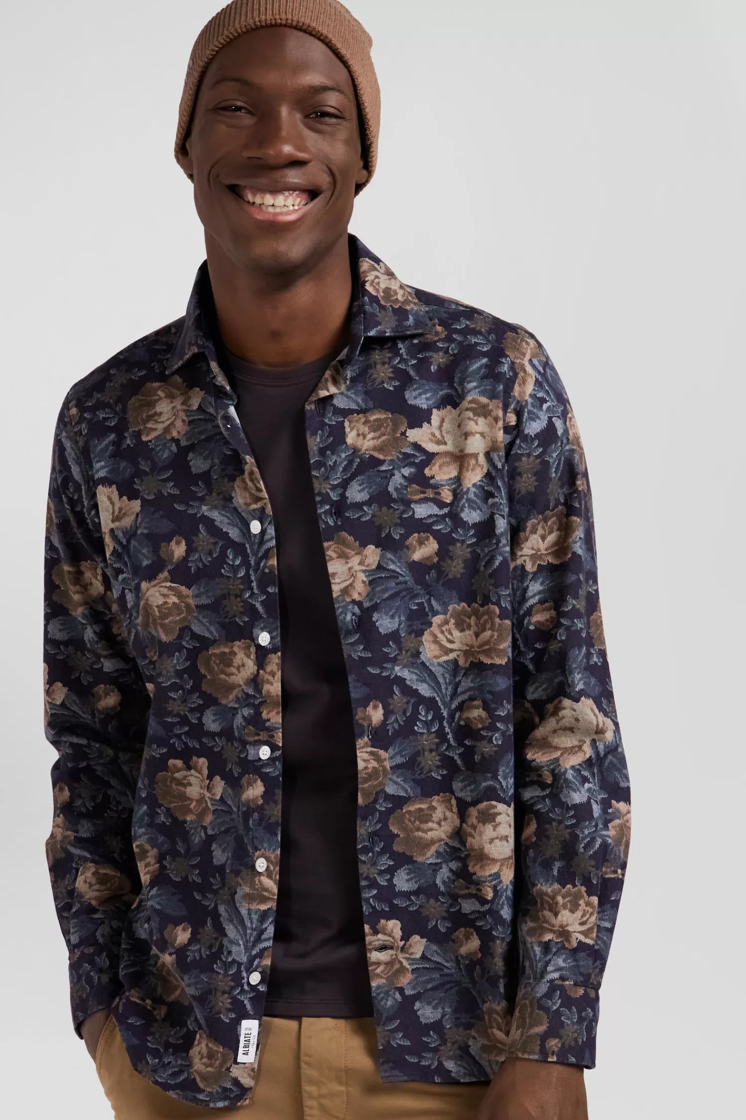 slim_navy_blue_floral_print_cotton_flannel_shirt_2.webp Eden Park Slim navy blue floral print cotton flannel shirt< Shirts