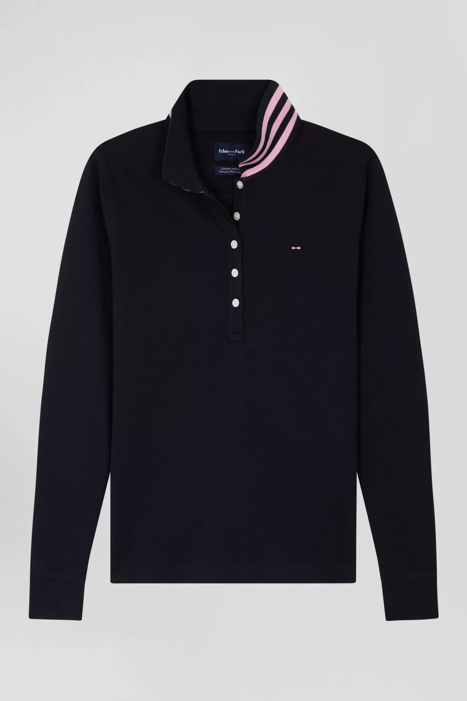 Eden Park Slim navy blue long-sleeved stretch cotton polo shirt with striped collar<Women Polos | Polos