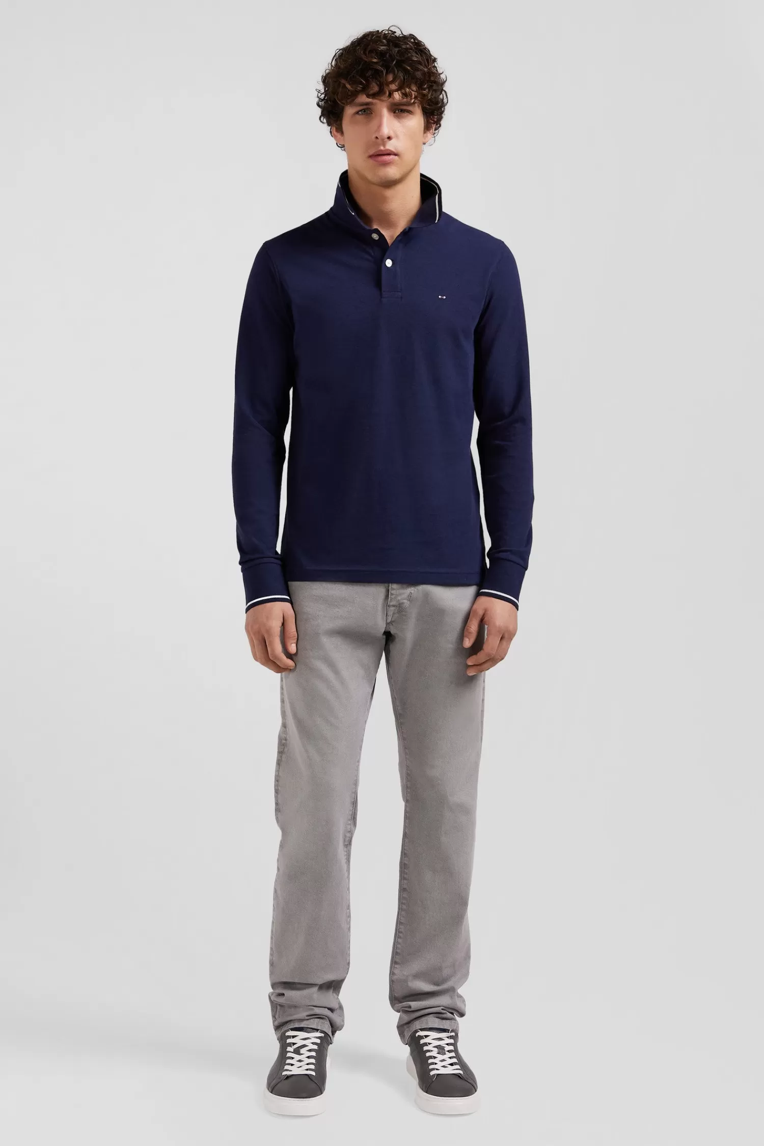 Eden Park Slim navy blue long-sleeved stretch cotton polo shirt with striped finishes< Polos