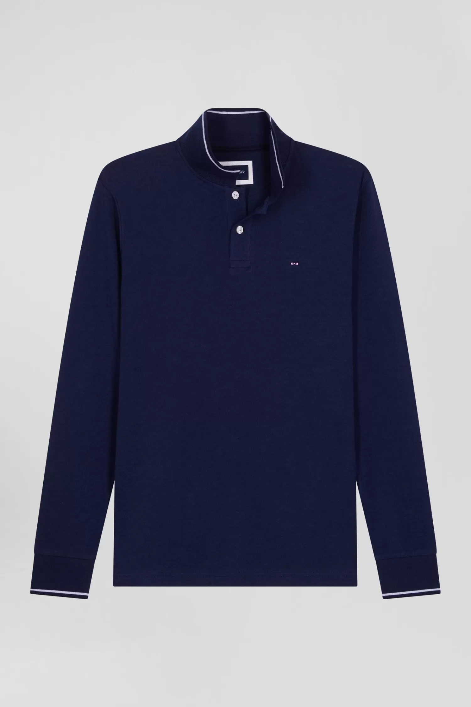 Eden Park Slim navy blue long-sleeved stretch cotton polo shirt with striped finishes< Polos