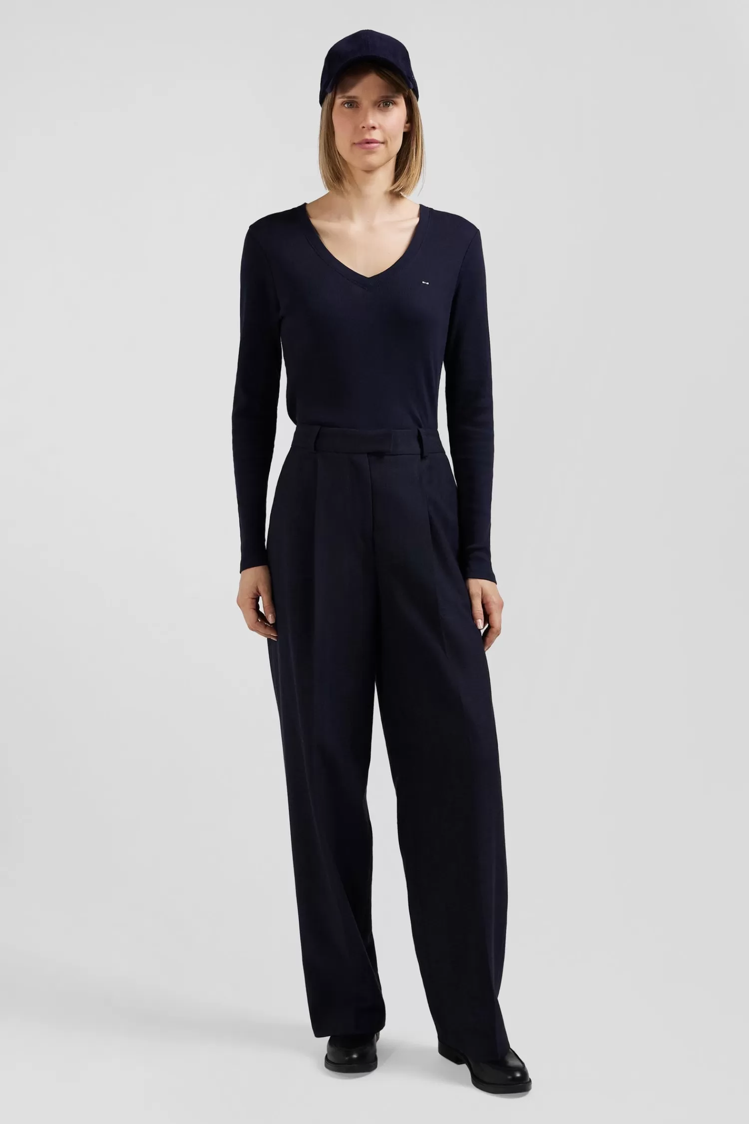 Eden Park Slim navy blue long-sleeved V-neck cotton T-shirt<Women T-shirts