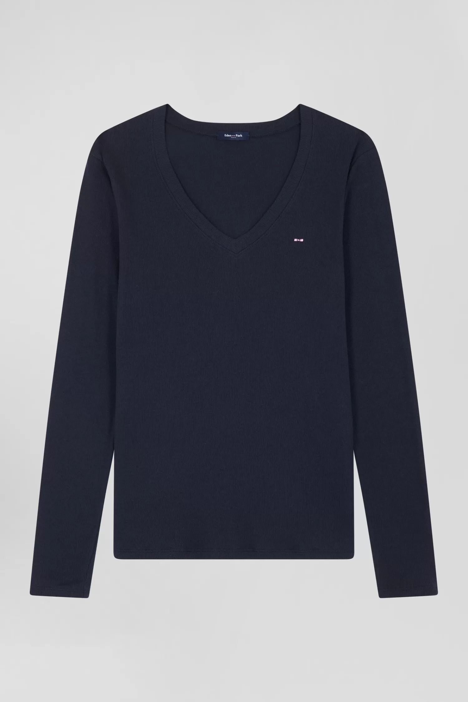 Eden Park Slim navy blue long-sleeved V-neck cotton T-shirt<Women T-shirts