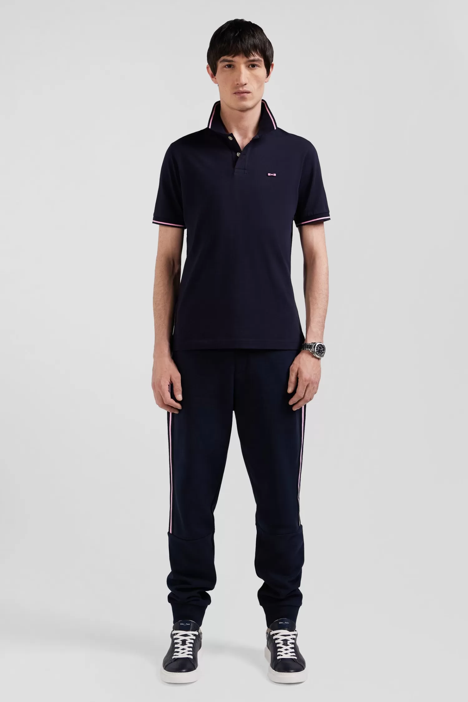 Eden Park Slim navy blue short-sleeved stretch cotton polo shirt with jacquard collar< Polos