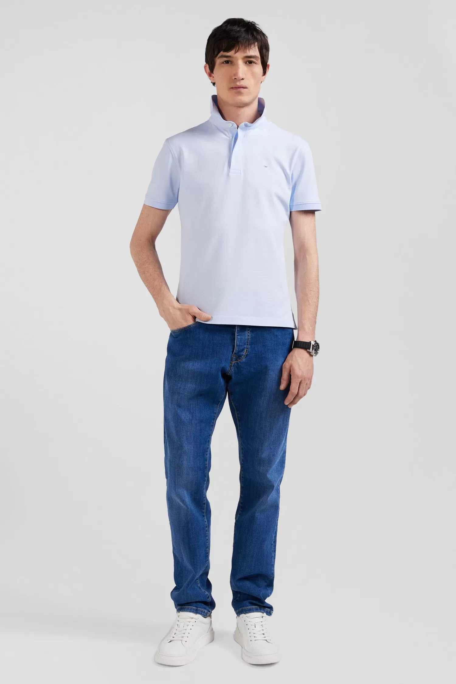 Eden Park Slim sky blue short-sleeved stretch cotton polo shirt< Polos