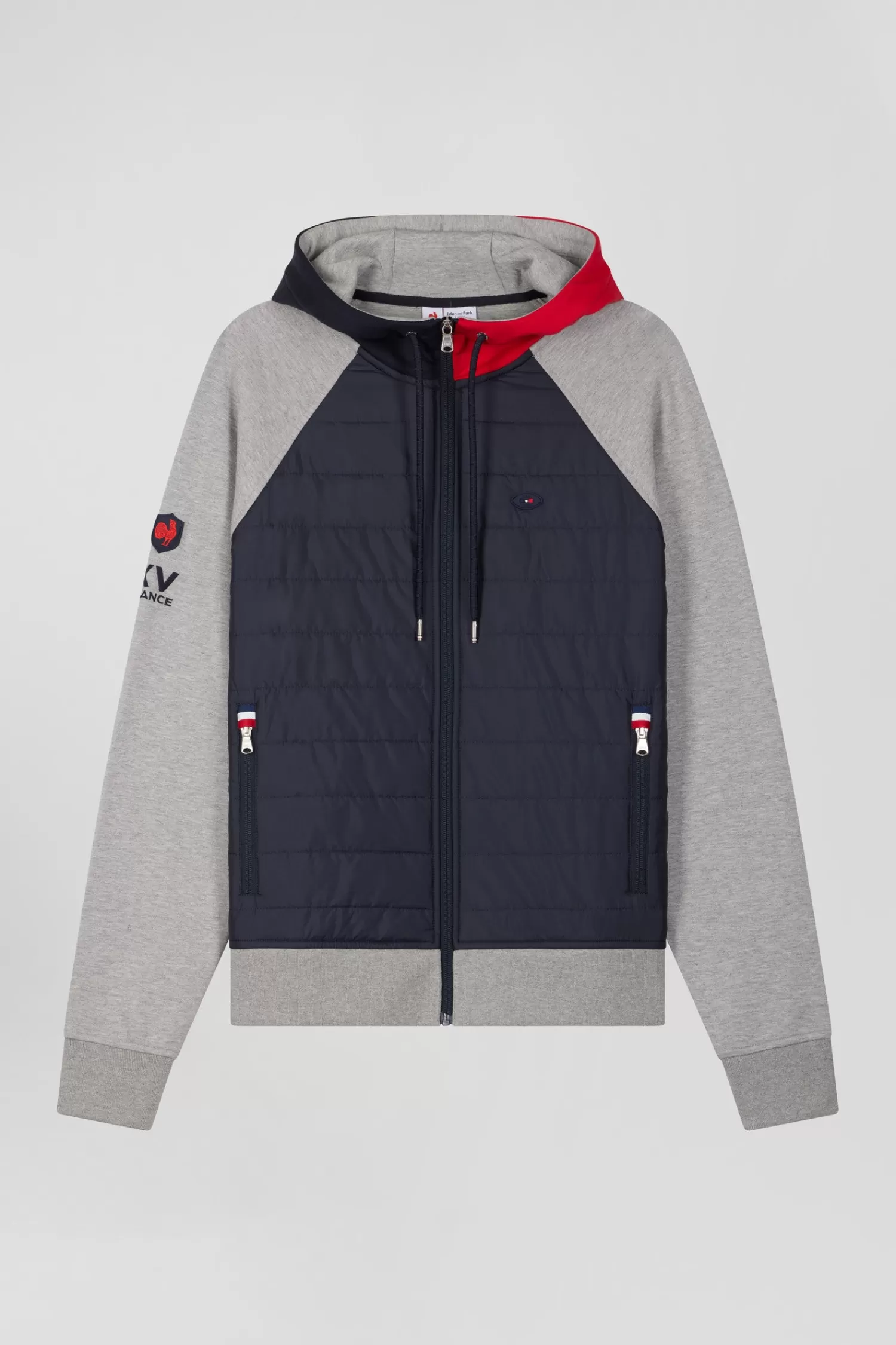 Eden Park Sweatshirt à capuche zippé XV de France en coton mélangé et parmenture gris coupe Regular< Sweatshirts